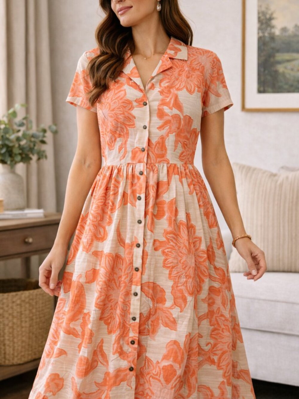 Jones New York Floral Midi Dress Size 10 Button Front Coral White Summer